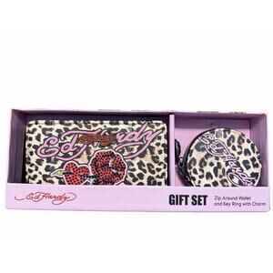 Ed Hardy Gift Set Zip Around Wallet & Key Ring W/Charm Leopard Print NWT